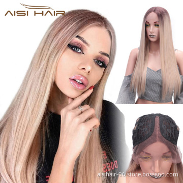 Aisi Hair Ombre Blonde Synthetic Lace Front Long Straight Wigs High Temperature Fiber Straight Lace Front Wigs
